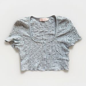 Beige Botany Womens Crop Top Blue Crinkle Button Cap Sleeve size M